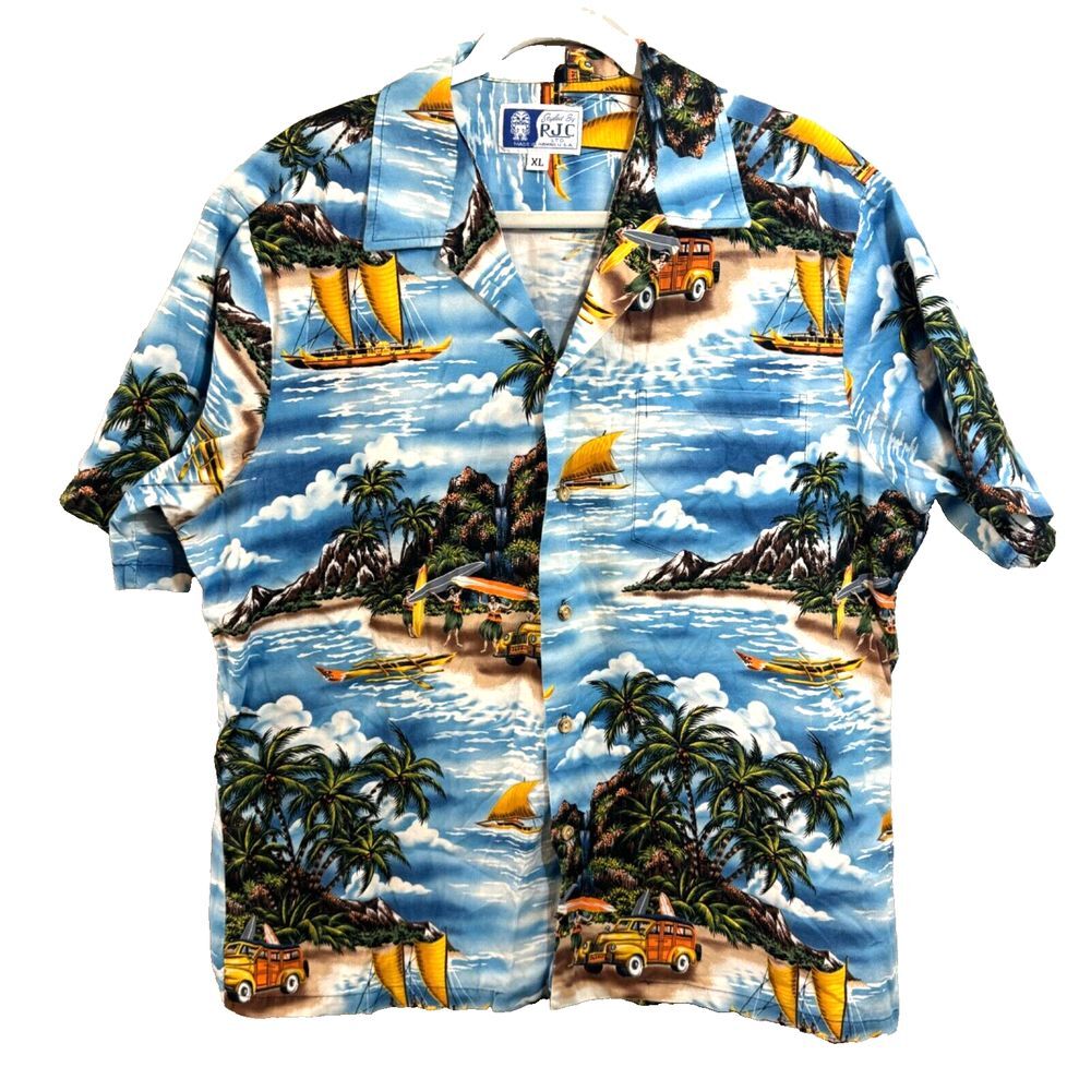 RJC Made in Hawaii Men's XL Short Sleeve Aloha Shirt Hula‎ Girl & Surfboards